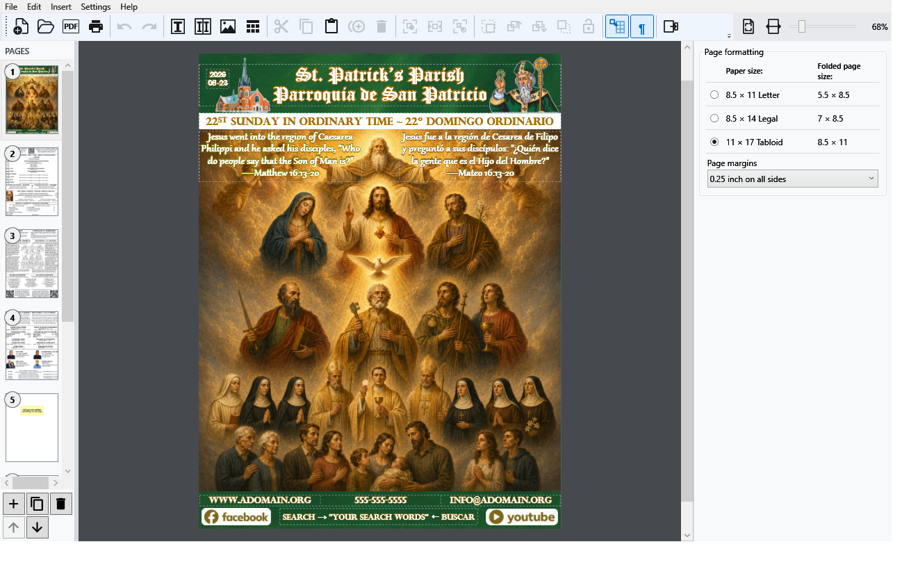Catholic Publisher with the sample bulletin open and the Paper size and Page margins panel visible.