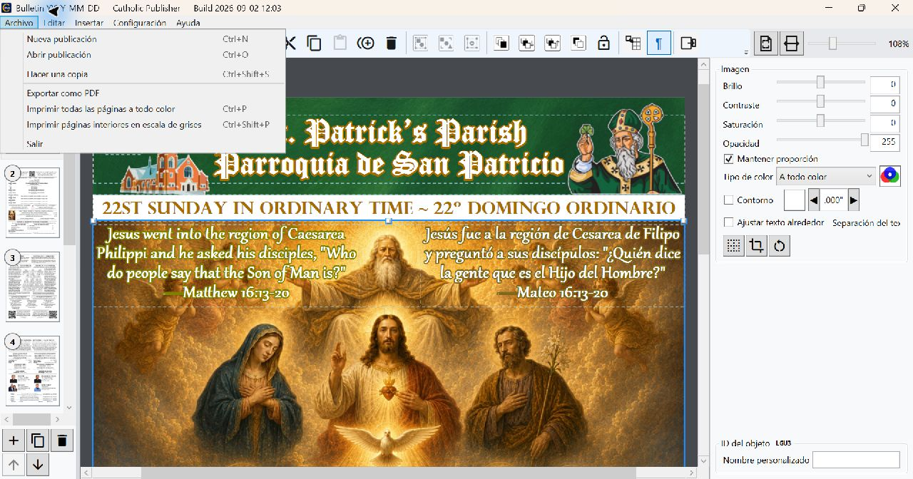 Menú Archivo de Catholic Publisher en español con publicación nueva, abrir, hacer una copia, exportar a PDF, las dos formas de impresión y salir.