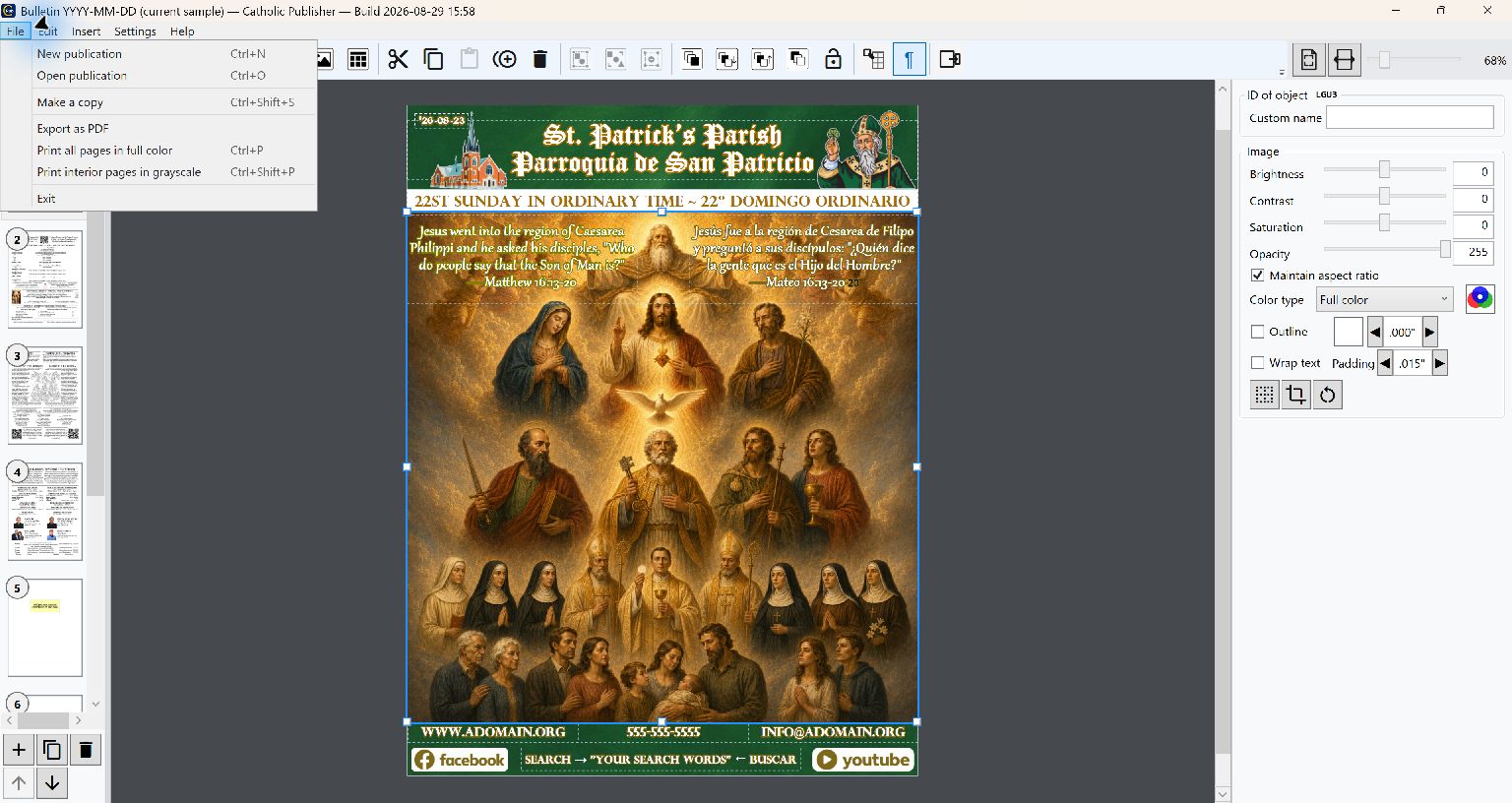 File menu showing New publication, Open publication, Make a copy, Export as PDF, both print modes, and Exit.