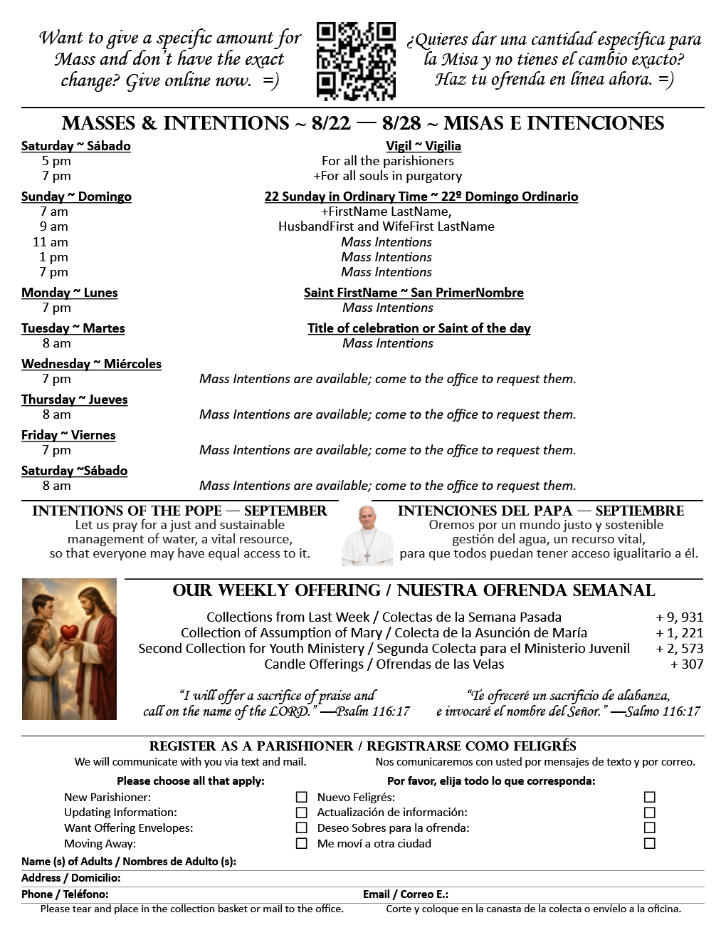 Sample page 2, Masses, intentions, and registration form