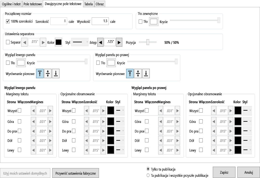 Default Settings Bilingual Text Box tab with size, pane backgrounds, divider, margins, and border controls.