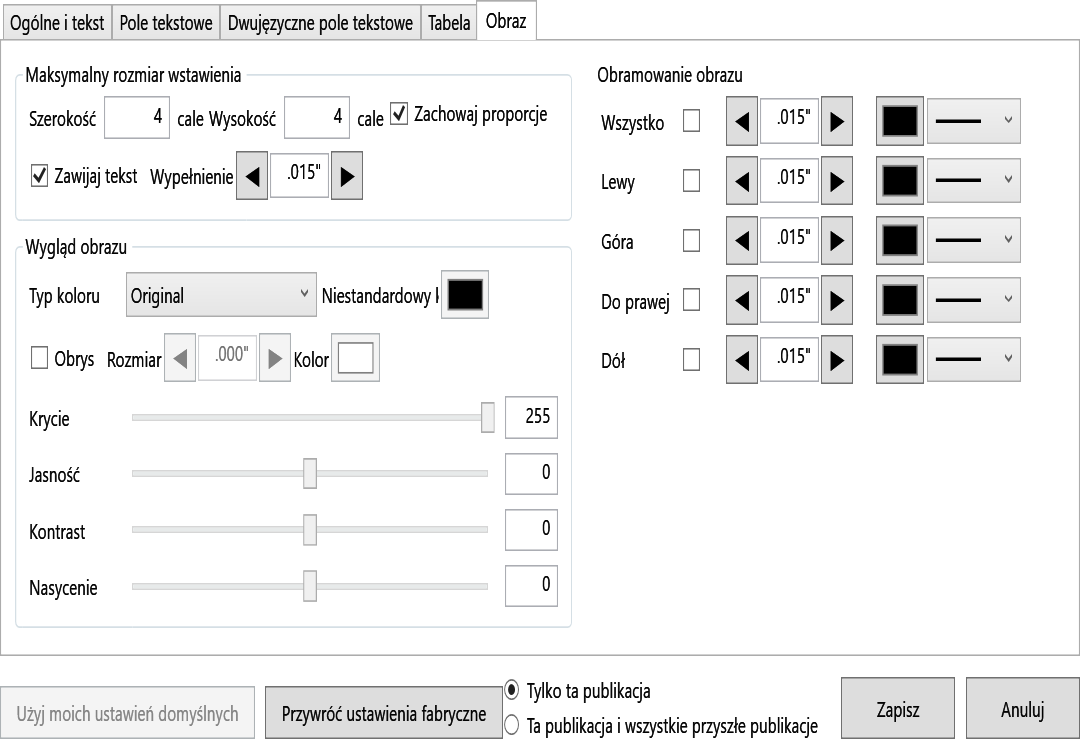 Default Settings Image tab with maximum insertion size, outline, maintain aspect ratio, color, wrapping, padding, and border controls.