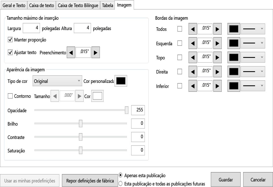 Default Settings Image tab with maximum insertion size, outline, maintain aspect ratio, color, wrapping, padding, and border controls.