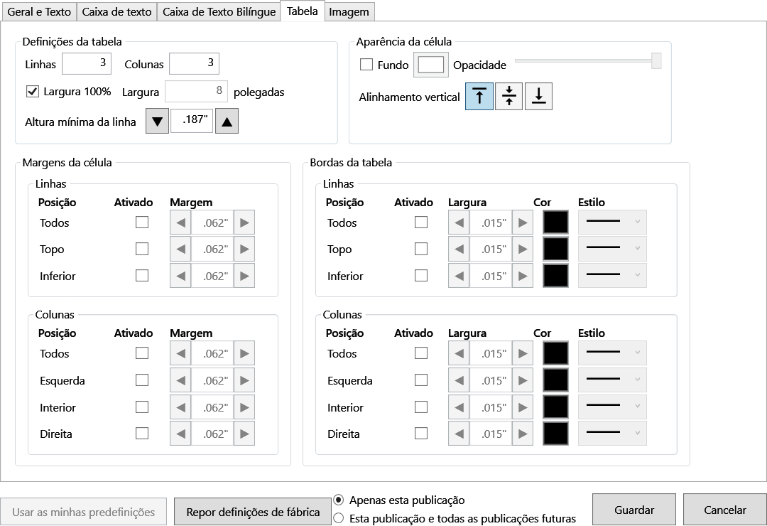 Default Settings Table tab with size, row and column count, minimum row height, margins, borders, background, and vertical alignment controls.