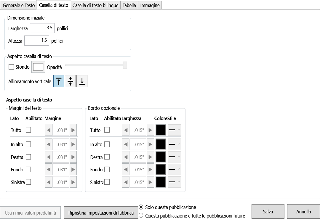 Default Settings Text Box tab with width, height, background, opacity, text margins, and optional border controls.