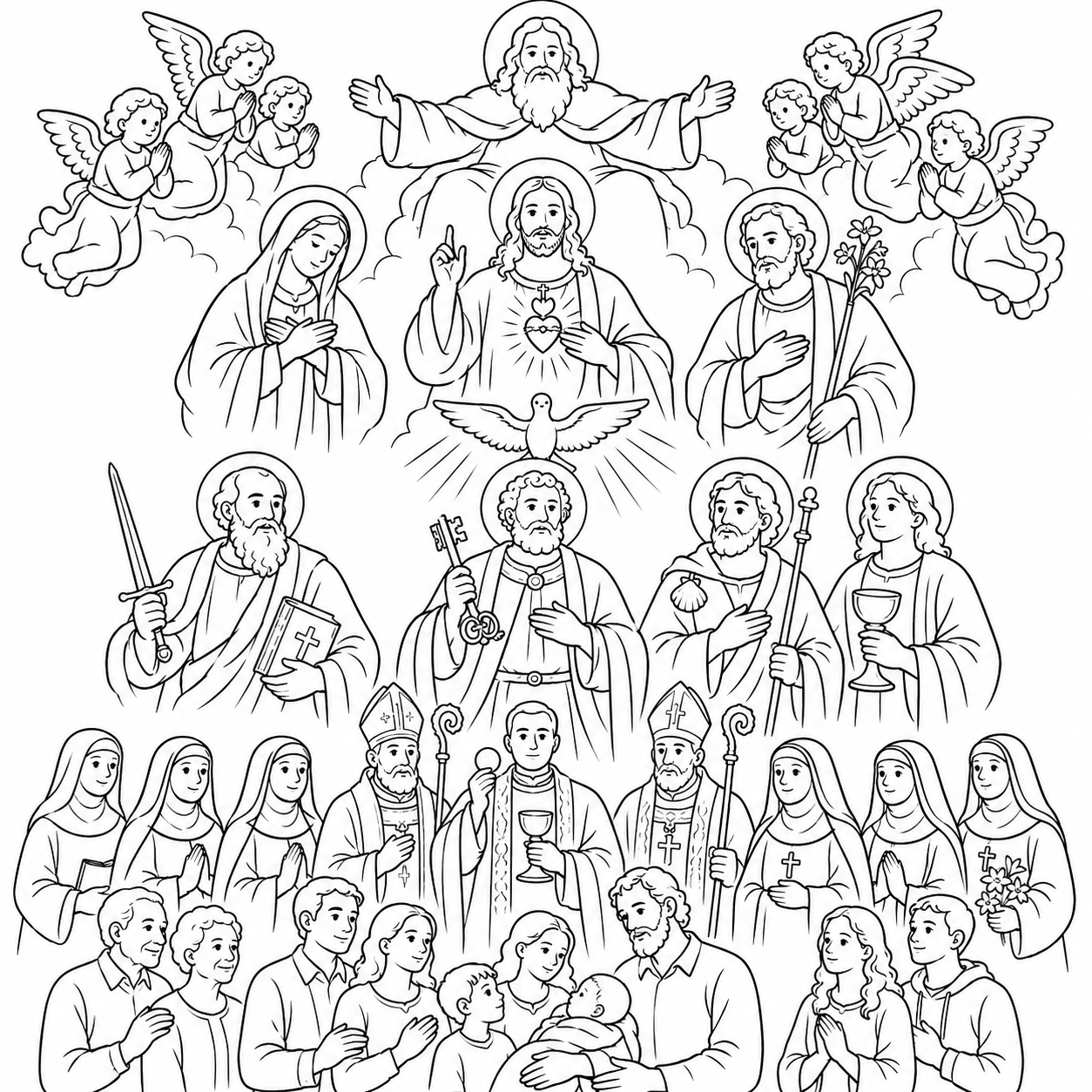 Black-and-white coloring-page version of the heavenly assembly artwork.
